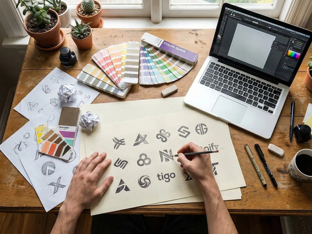 Mesa de diseño con bocetos de logotipos y una laptop