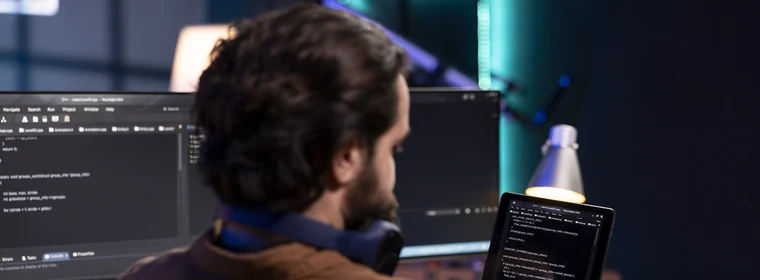 Desarrollador programando frente a dos monitores con código y una tablet